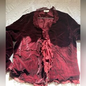 Vintage Neiman Marcus Exclusive Deep Red Velvet Top with Ruffle Accents XL